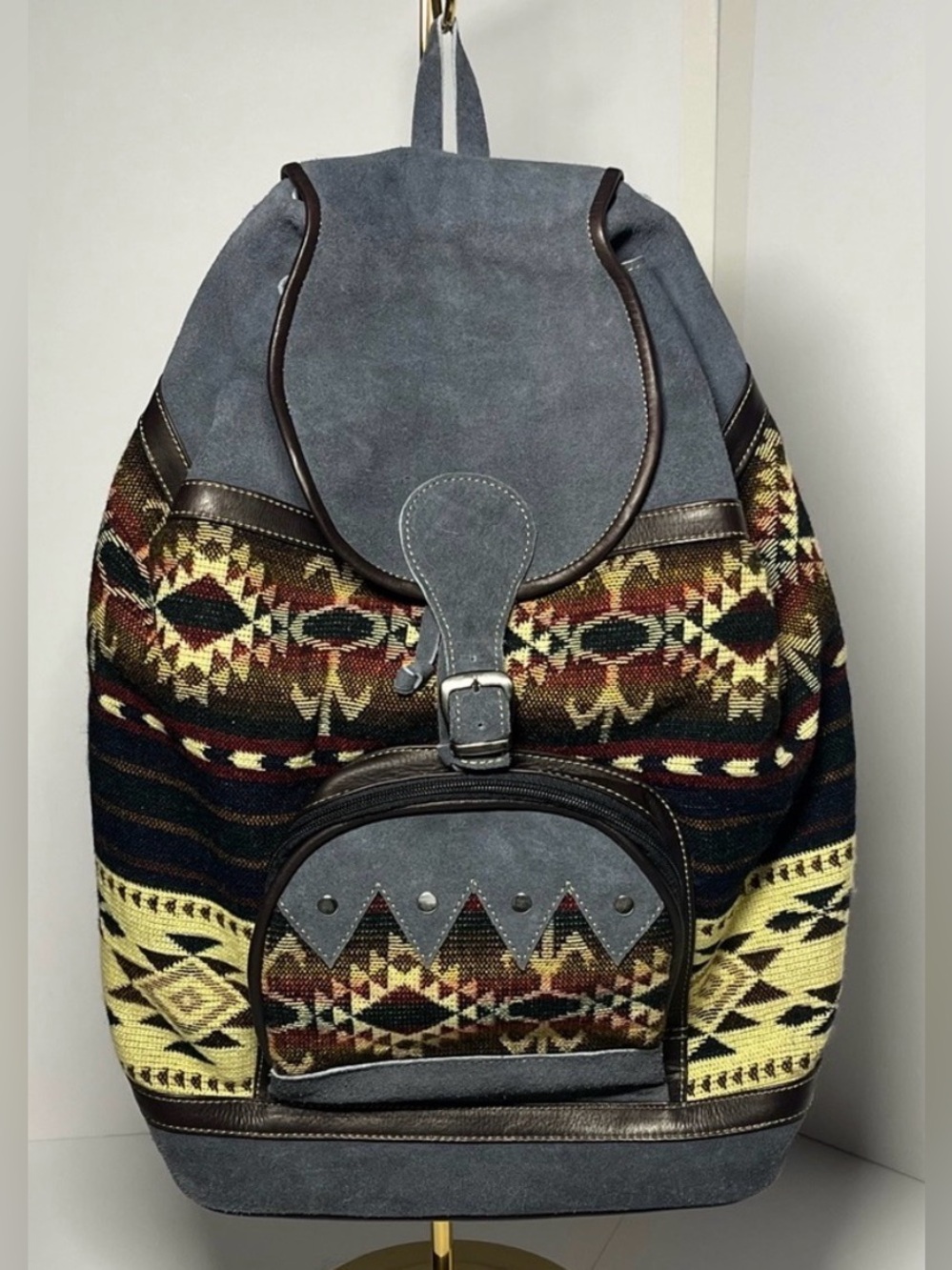 Handmade Southwestern Boho Aztec Woven Backpack Suede Leather Woodstock Artisan